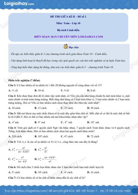 Đề thi giữa kì 2 Toán 10 Cánh diều - Đề số 2